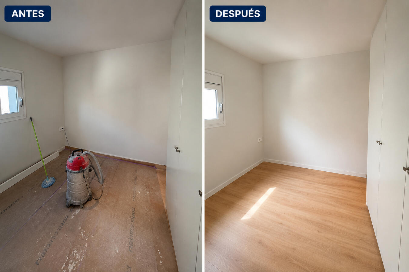 Antes y después de limpieza de dormitorio Dormitorio limpio y organizado con vistas al Hotel W Barcelona después de servicio profesional