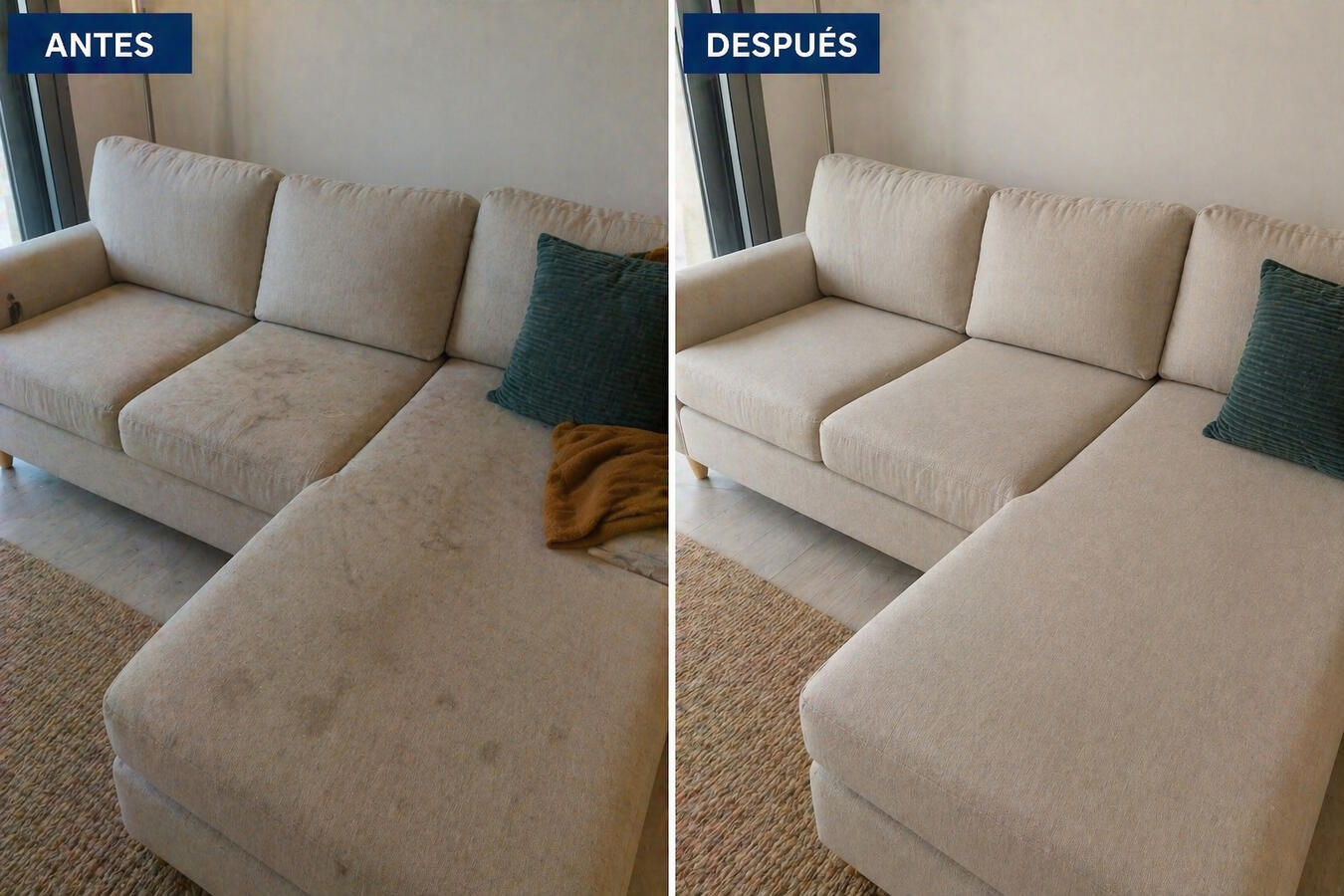 Sofá limpio y sin manchas después de limpieza profesional de tapicería en Barcelona