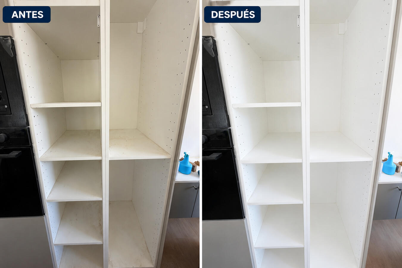 Antes y después de limpieza de cocina en Barcelona Comparación antes y después de limpieza profesional de cocina con superficies limpias y ordenadas en Barcelona