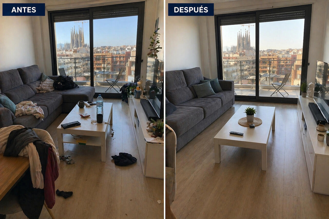 Salón ordenado y limpio con vistas a la Sagrada Familia después de limpieza profesional en Barcelona