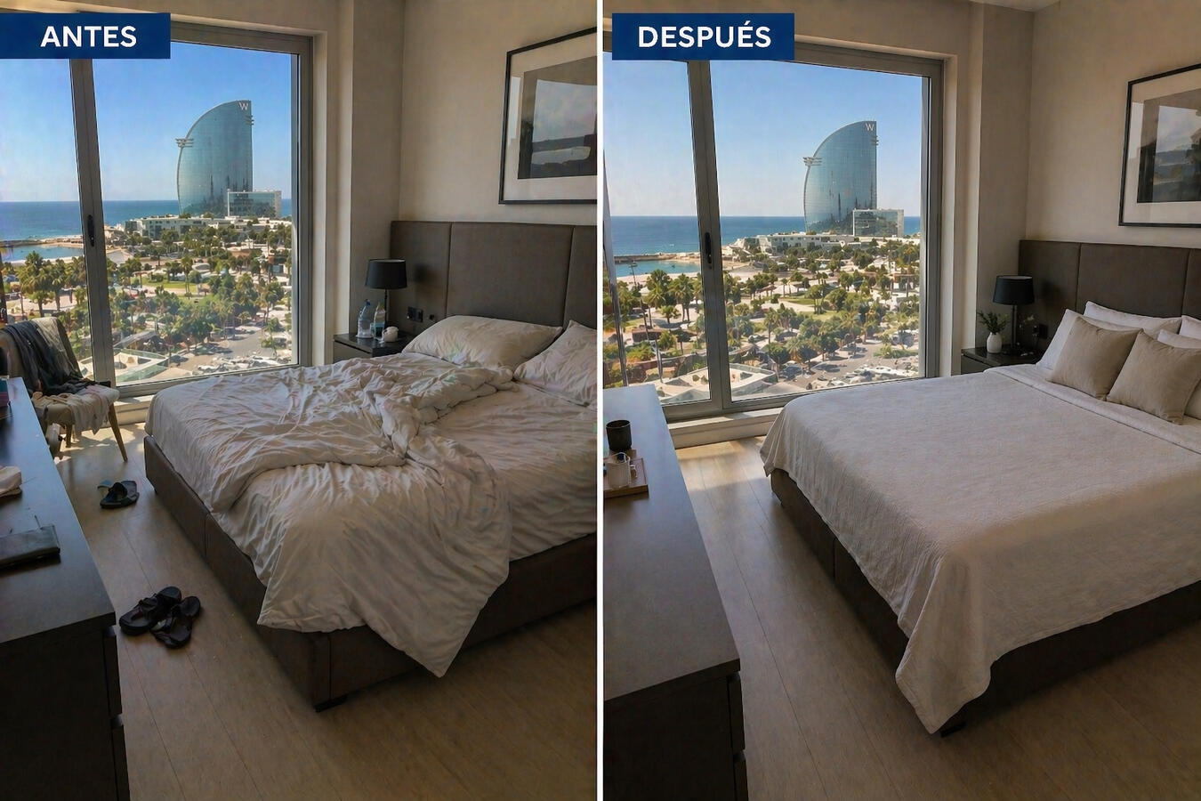 Antes y después de limpieza de dormitorio Dormitorio limpio y organizado con vistas al Hotel W Barcelona después de servicio profesional