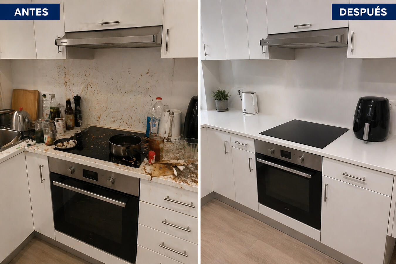 Comparación antes y después de limpieza profesional de cocina con superficies limpias y ordenadas en Barcelona