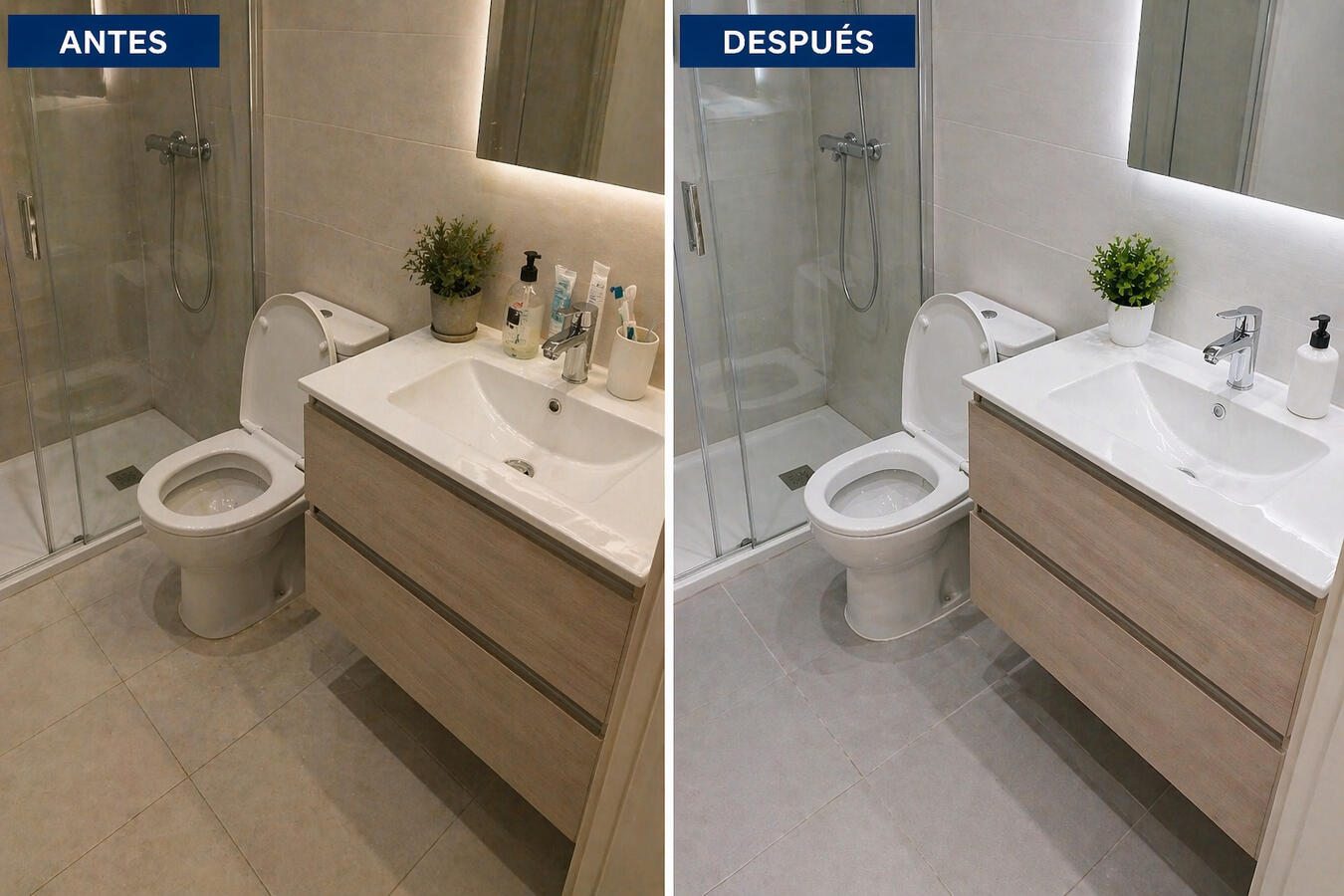 Baño limpio después de servicio de limpieza profesional comparado con estado inicial en Barcelona