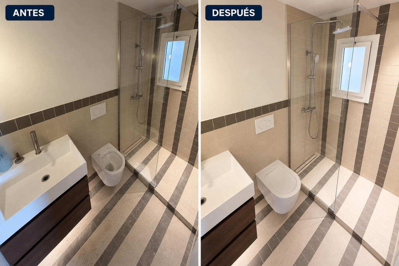 Antes y después de limpieza de baño Baño limpio después de servicio de limpieza profesional comparado con estado inicial en Barcelona