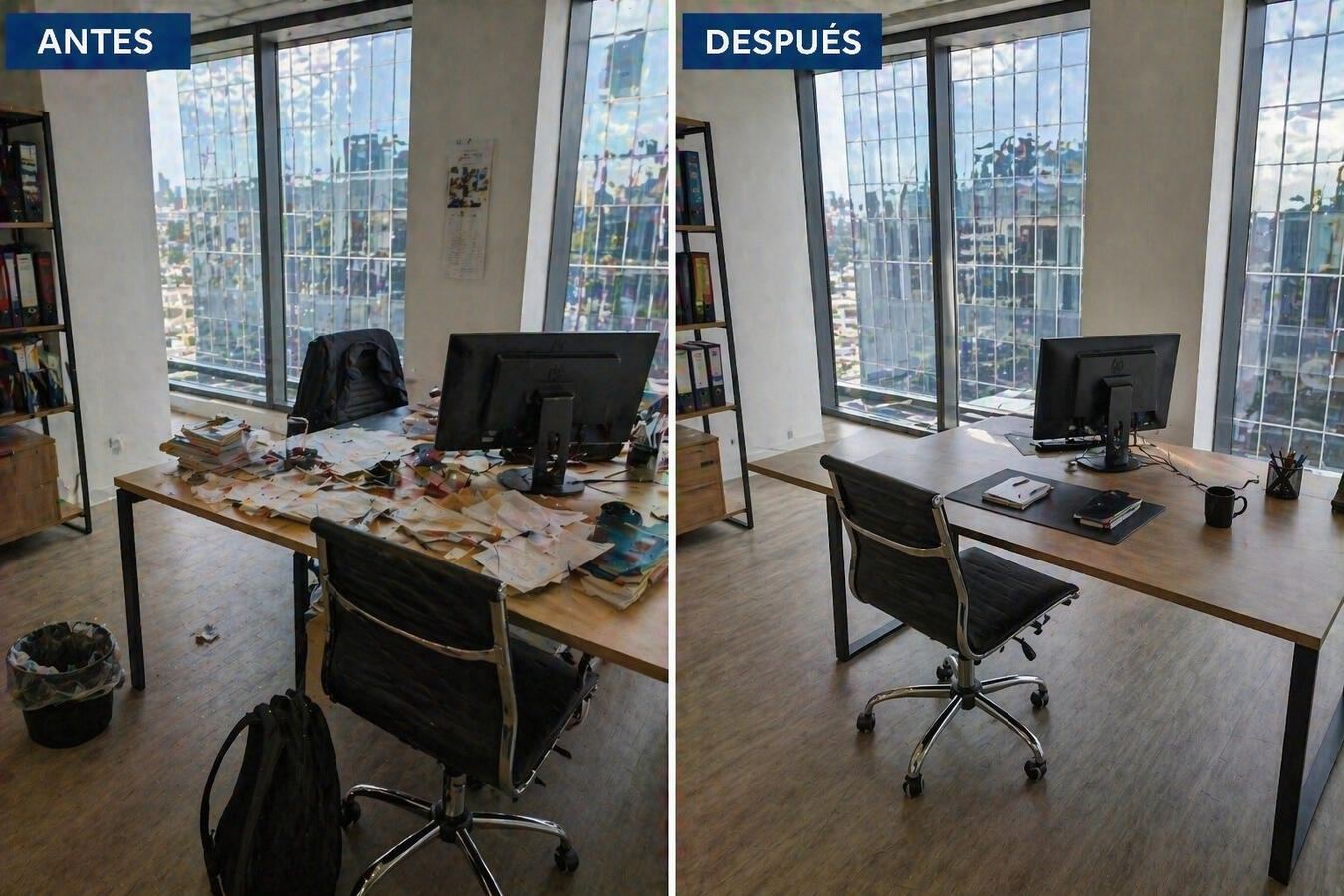 Oficina ordenada y limpia después de servicio profesional con vistas a edificio moderno